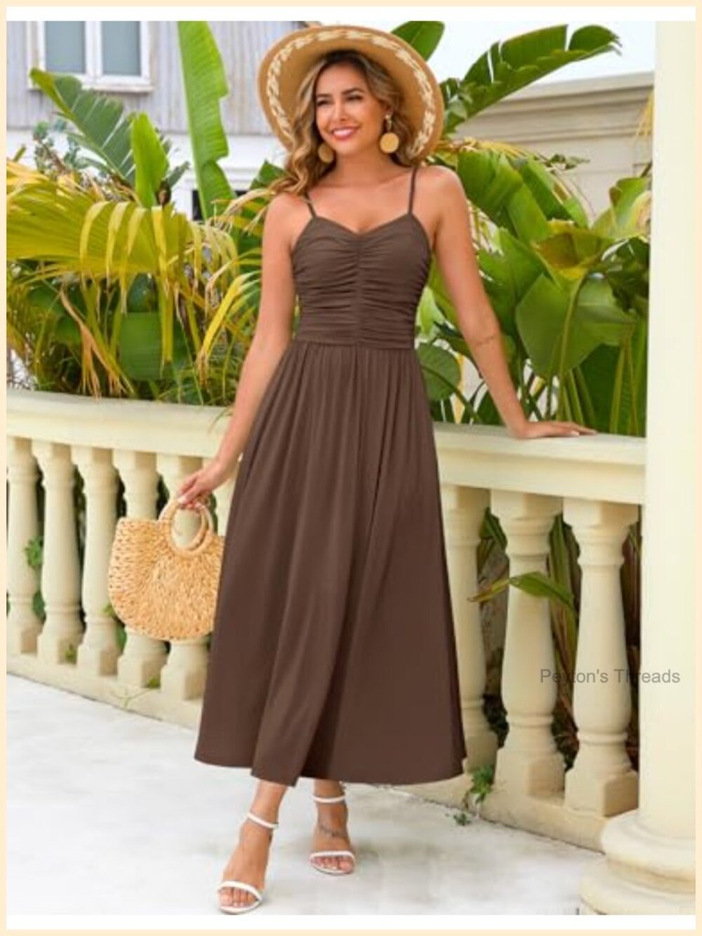 Adjustable Spaghetti Strap Ruched Maxi Dress Floral Beach Sundress with Pockets - Picture 4 of 6